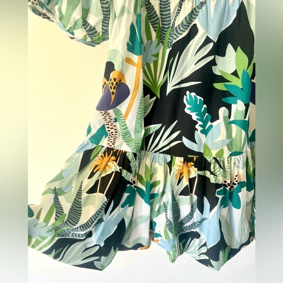 Oliphant Bubble Hem Tropical Leaf Print Puff Sleeve Cotton Mini Dress Medium - Picture 7 of 11